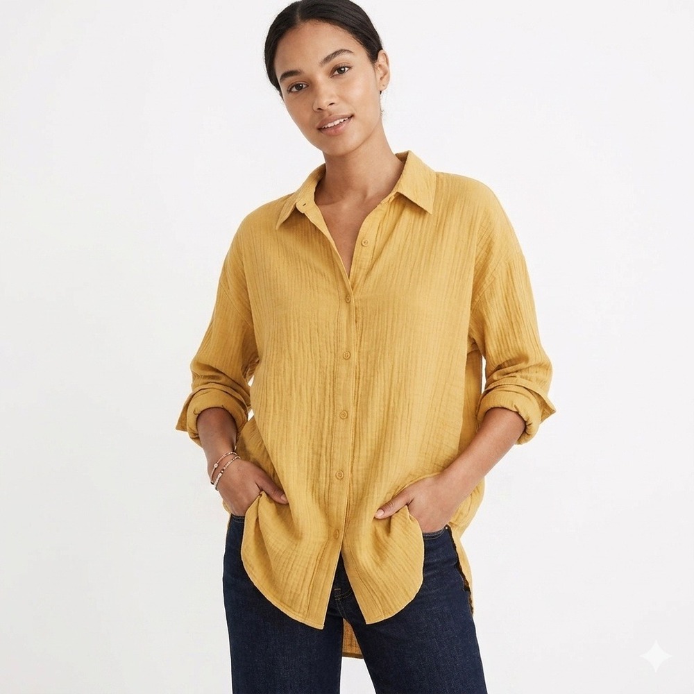 H&M Blouse Women Mustard Yellow Crinkled Oversized Button Down Shirt Large Tunic